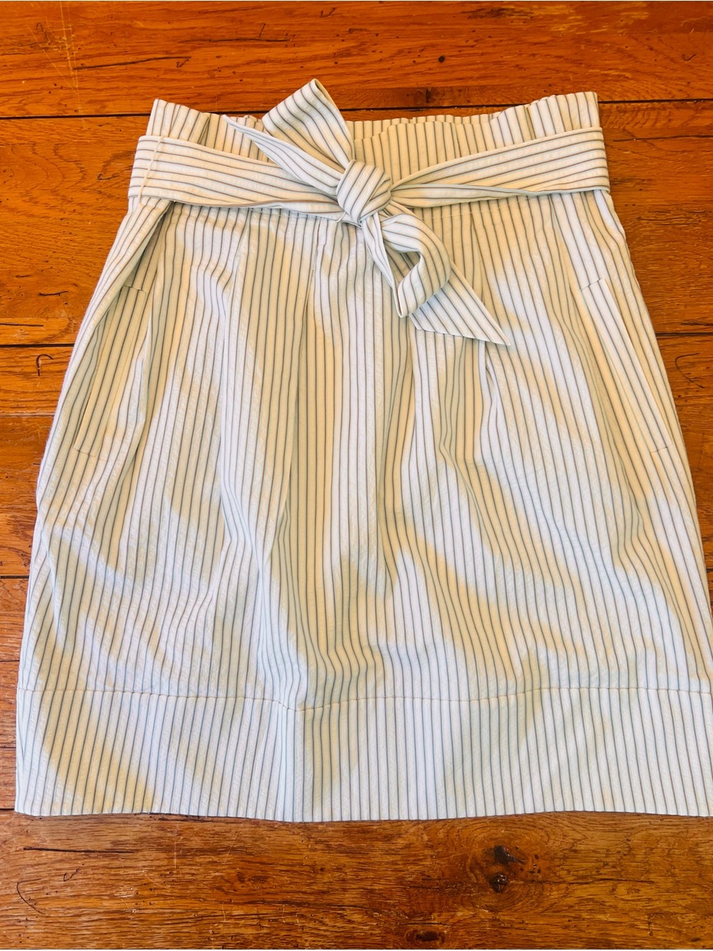 BCBGMaxAzria Light Blue and White Striped Paperbag Waist Midi Skirt